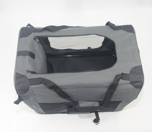 Gray pet carrier with black interior on a white background at Pet Servo
