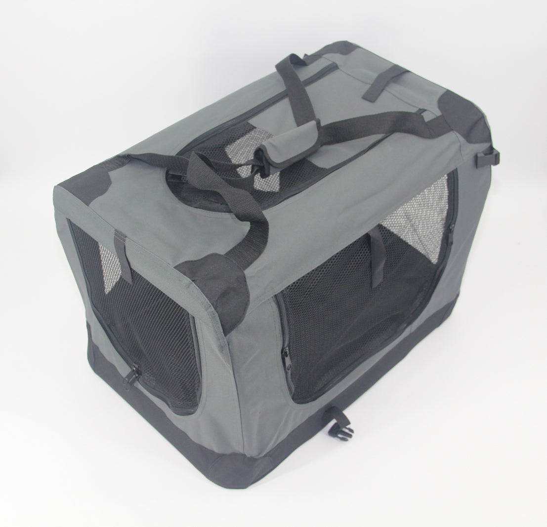 Gray pet carrier with mesh sides on a white background at Pet Servo