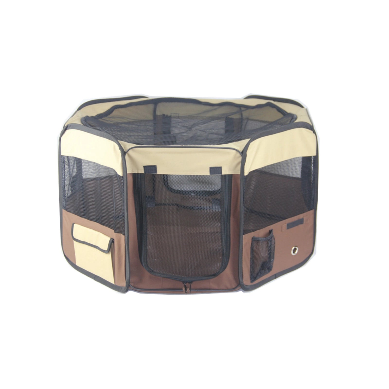 A foldable octagonal pet playpen with beige and brown panels, mesh sides, and a zippered front door, shown on a plain white background at Pet Servo