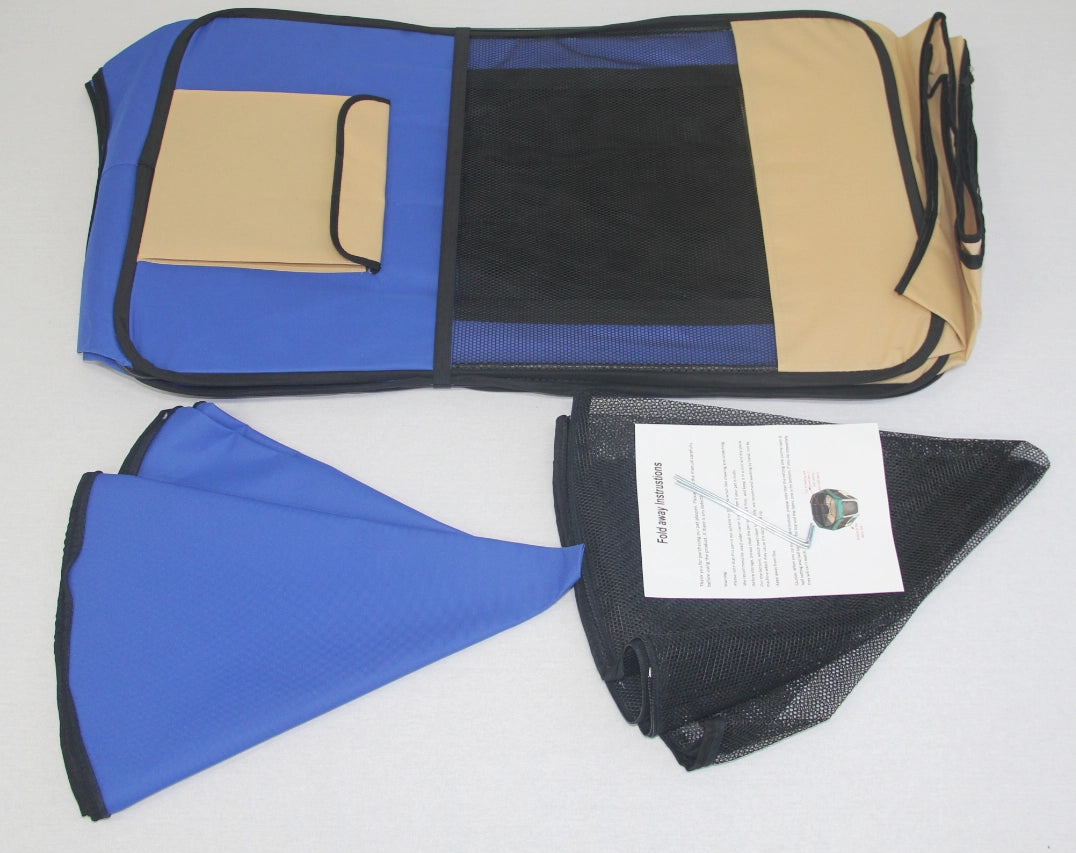 Folded blue and black mat with a beige and blue bag on a white background at Pet Servo
