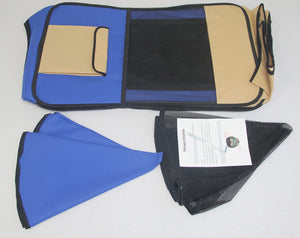 Folded blue and black mat with a beige and blue bag on a white background at Pet Servo