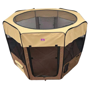 A hexagonal pet playpen tent with a beige and brown design, featuring mesh side panels and a circular top window, shown on a plain white background at Pet Servo