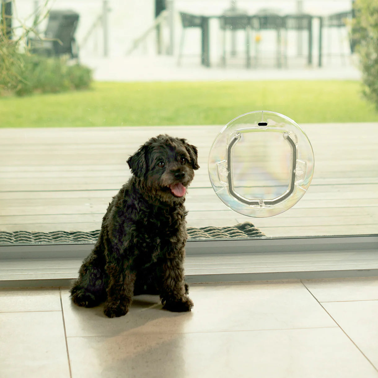 Dog sitting next to a glass door with a pet door
