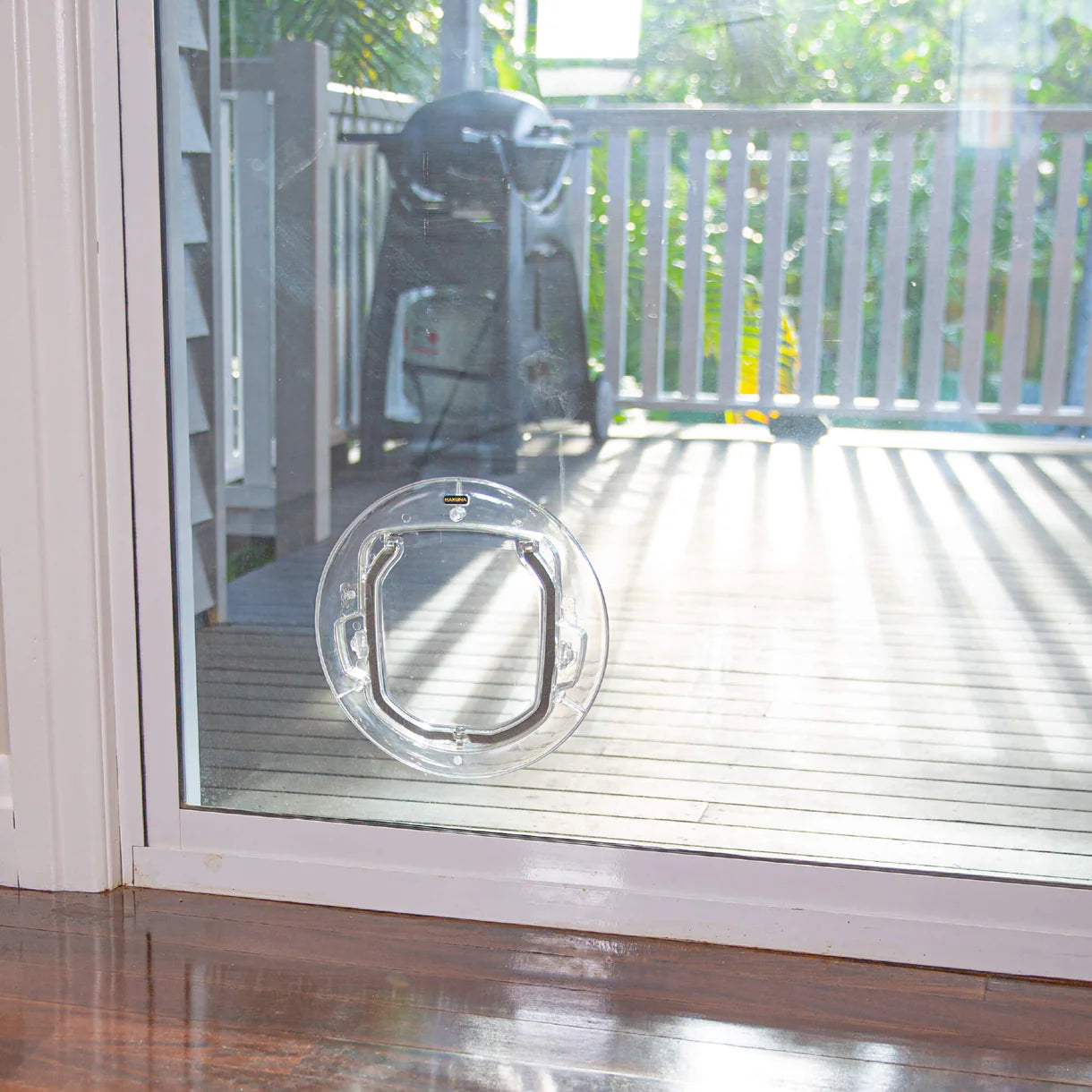 Pet door on a glass door with a view of a patio and motorcycle outside.