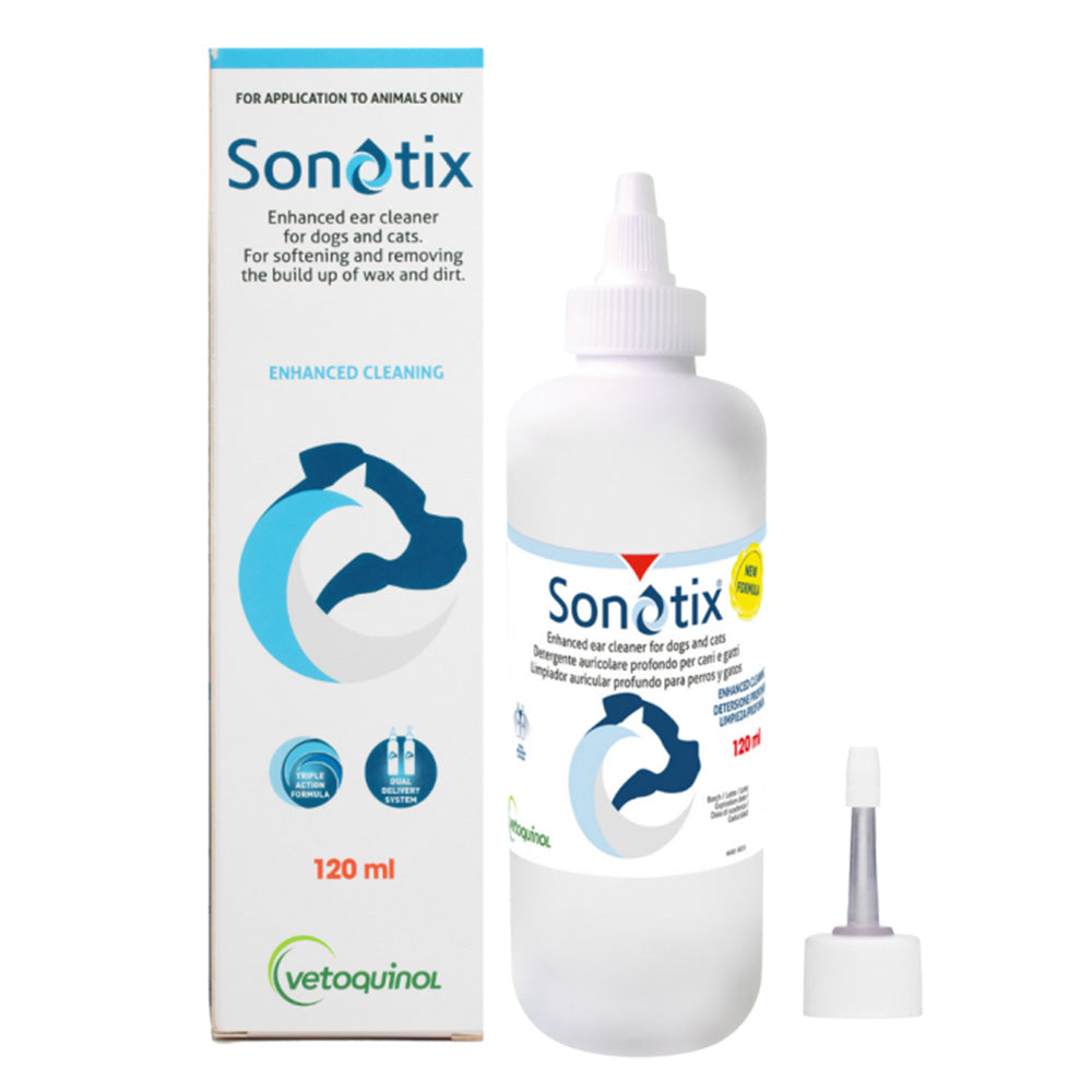 Sonotix ear cleaner packaging and bottle on a white background at Pet Servo