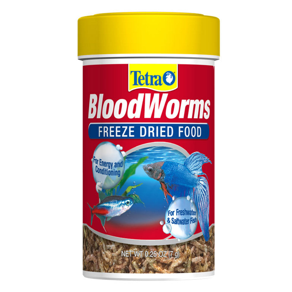 Tetra Bloodworms freeze-dried food container with a yellow lid on a white background at Pet Servo