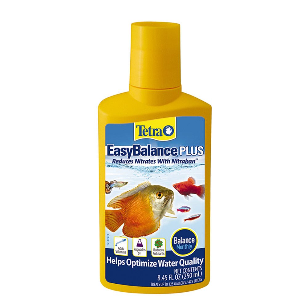 A yellow bottle of Tetra EasyBalance PLUS fish water conditioner with a blue and white label showing fish illustrations, on a plain white background.