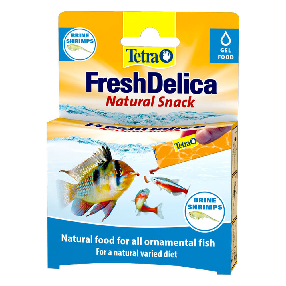 Tetra Fresh Delica fish food packaging with images of fish and text on a white background at Pet Servo