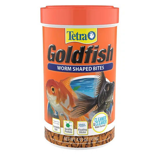 Tetra Goldfish Worm Shaped Bites fish food container on a white background at Pet Servo