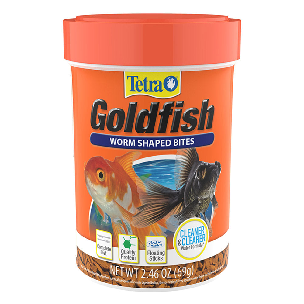 Tetra Goldfish Worm Shaped Bites fish food container on a white background at Pet Servo