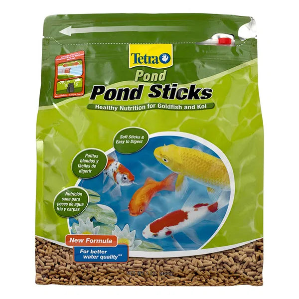 Tetra Pond Sticks packaging for goldfish and koi with images of fish on a green background at Pet Servo