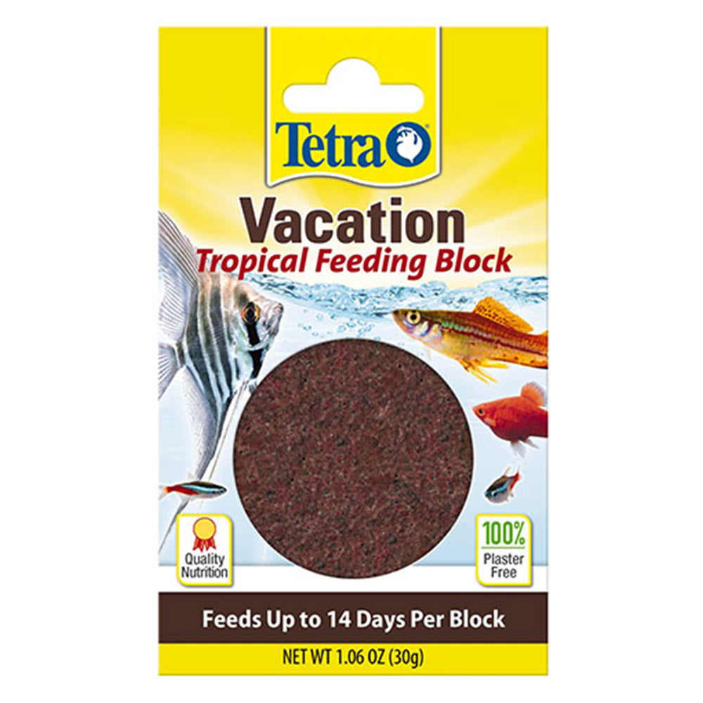 Tetra Vacation Tropical Feeding Block packaging with fish images on a white background at Pet Servo