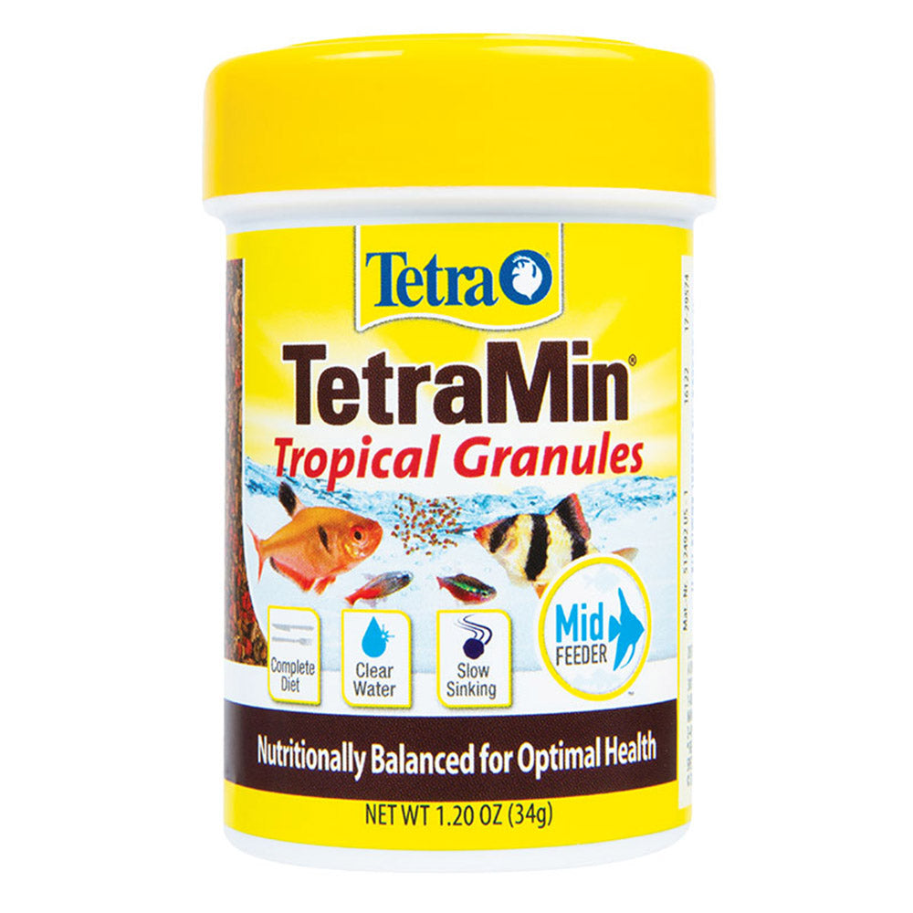 TetraMin Tropical Granules fish food container on a white background at Pet Servo