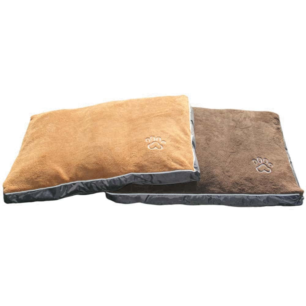 Two folded pet beds, one brown and one beige, on a white background at Pet Servo