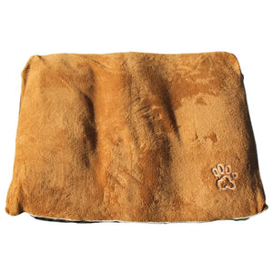Brown plush pet bed with a paw print logo on a white background at Pet Servo