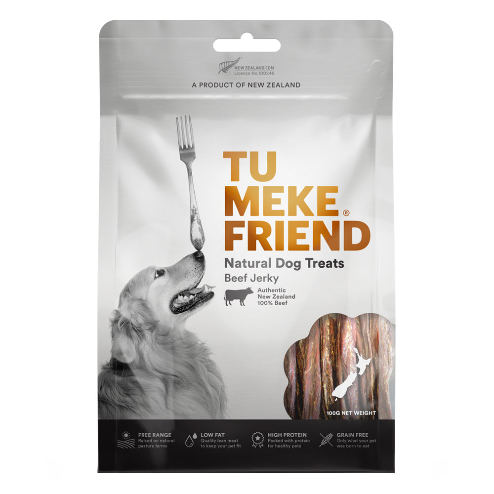 Package of Tu Meke Friend natural dog treats with a dog and beef jerky illustration on a white background at Pet Servo