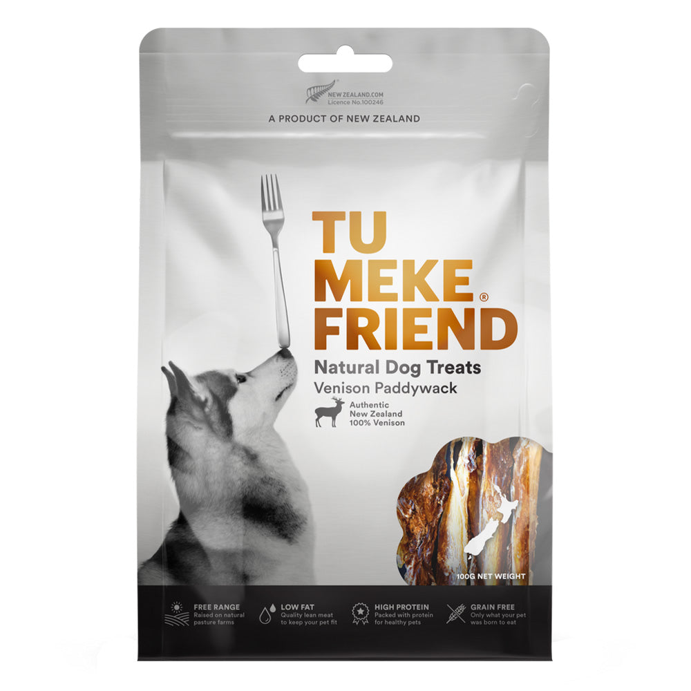 Package of Tu Meke Friend natural dog treats with a dog eating from a fork illustration on a white background at Pet Servo