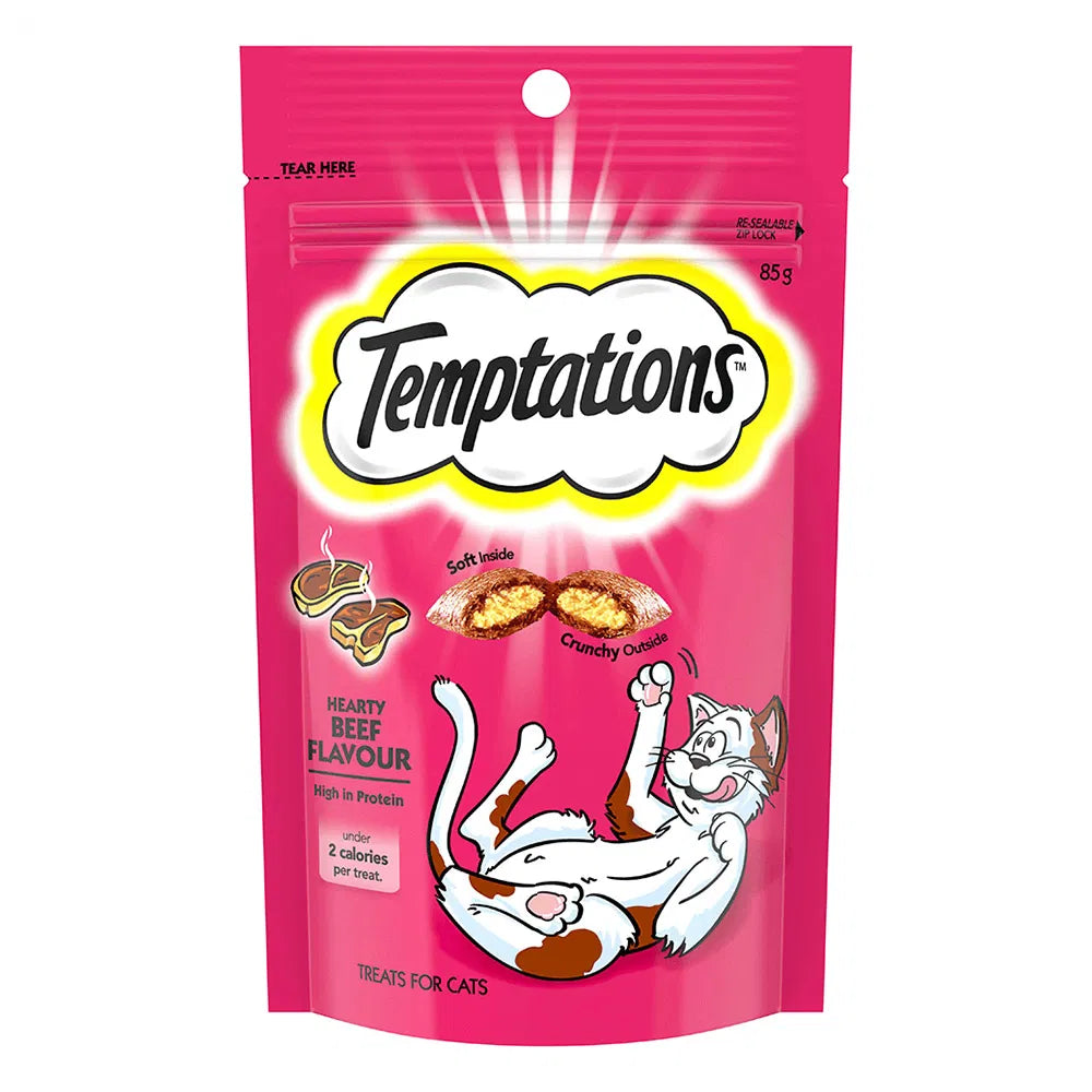 Temptations cat treats packaging with pink background and cartoon cat illustration at Pet Servo