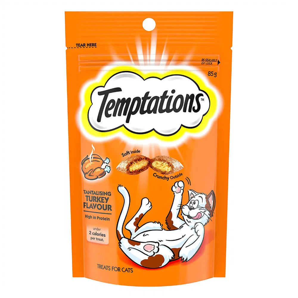 Temptations cat treats packaging with orange background and cat illustration at Pet Servo