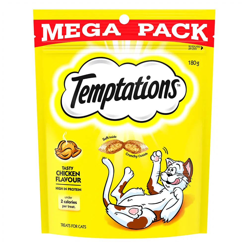 Temptations cat treats packaging with yellow background and cartoon cat illustration at Pet Servo