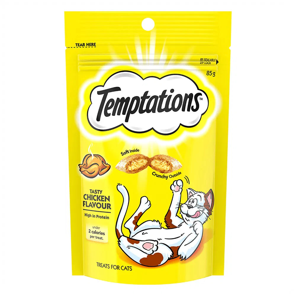 Yellow package of Temptations cat treats with a cartoon cat and chicken illustration on a white background at Pet Servo