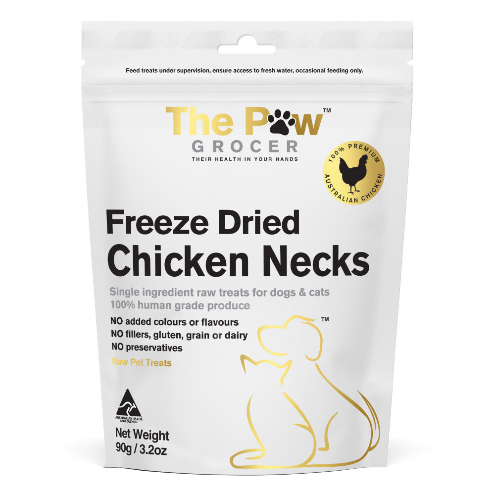 Package of The Paw Grocer Freeze Dried Chicken Necks for pets on a white background at Pet Servo
