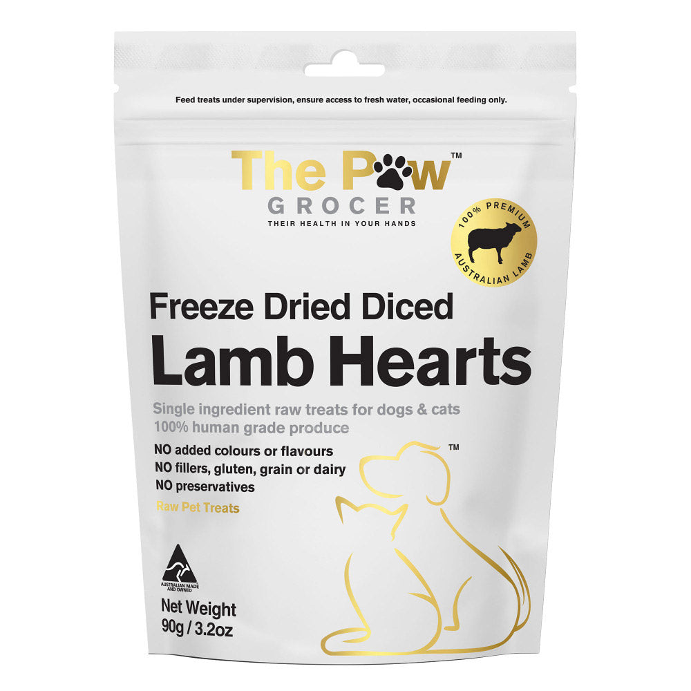 Package of 'The Paw Grocer' freeze-dried diced lamb hearts for pets on a white background at Pet Servo