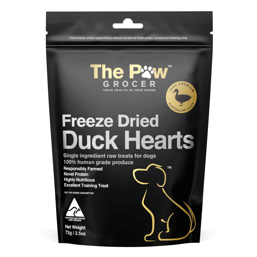 Package of The Paw Grocer Freeze Dried Duck Hearts for dogs on a white background at Pet Servo