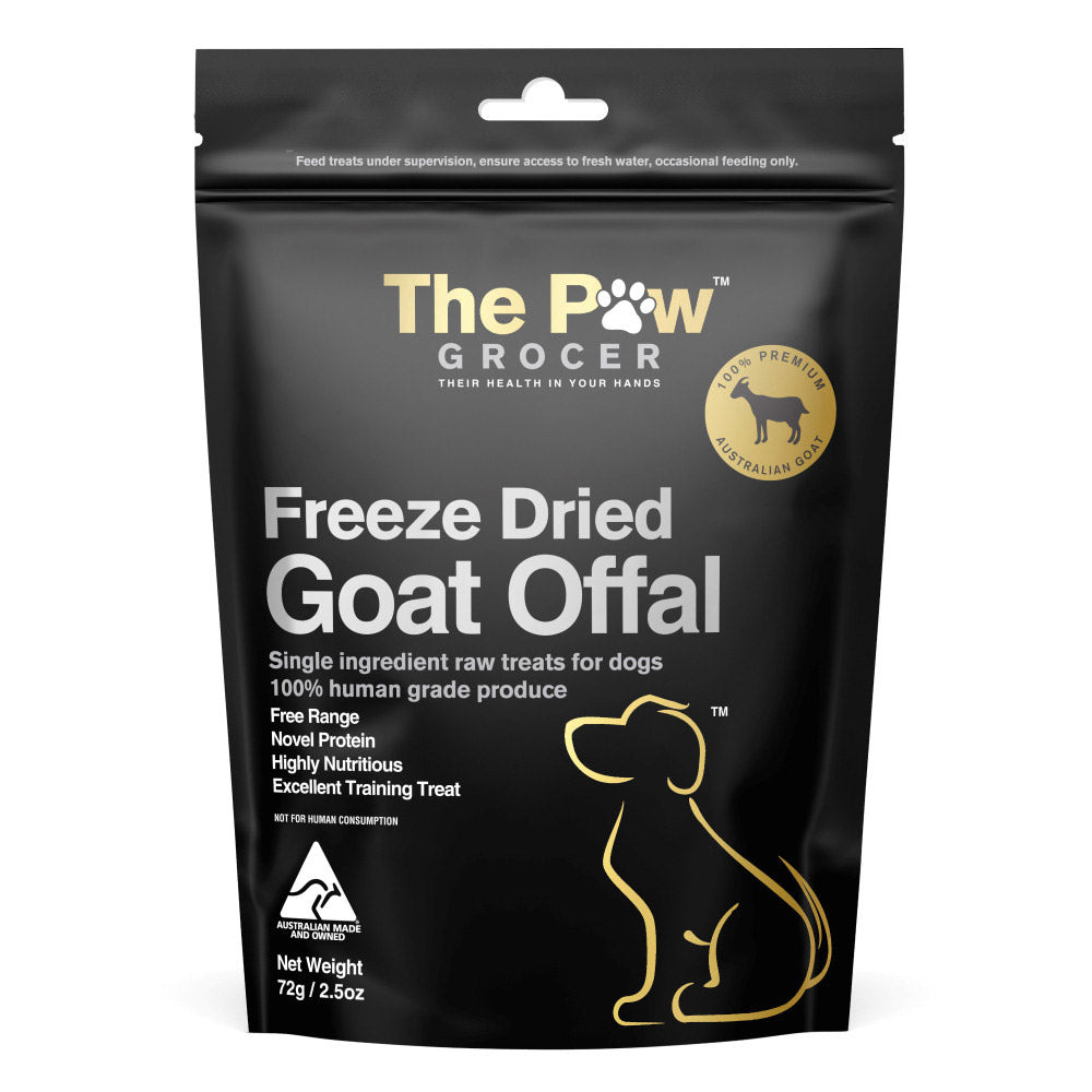 Package of The Paw Grocer freeze-dried goat offal for dogs on a white background at Pet Servo