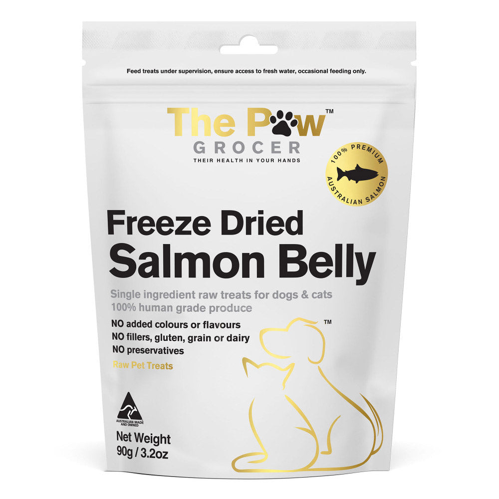Package of The Paw Grocer Freeze Dried Salmon Belly treats for pets on a white background at 