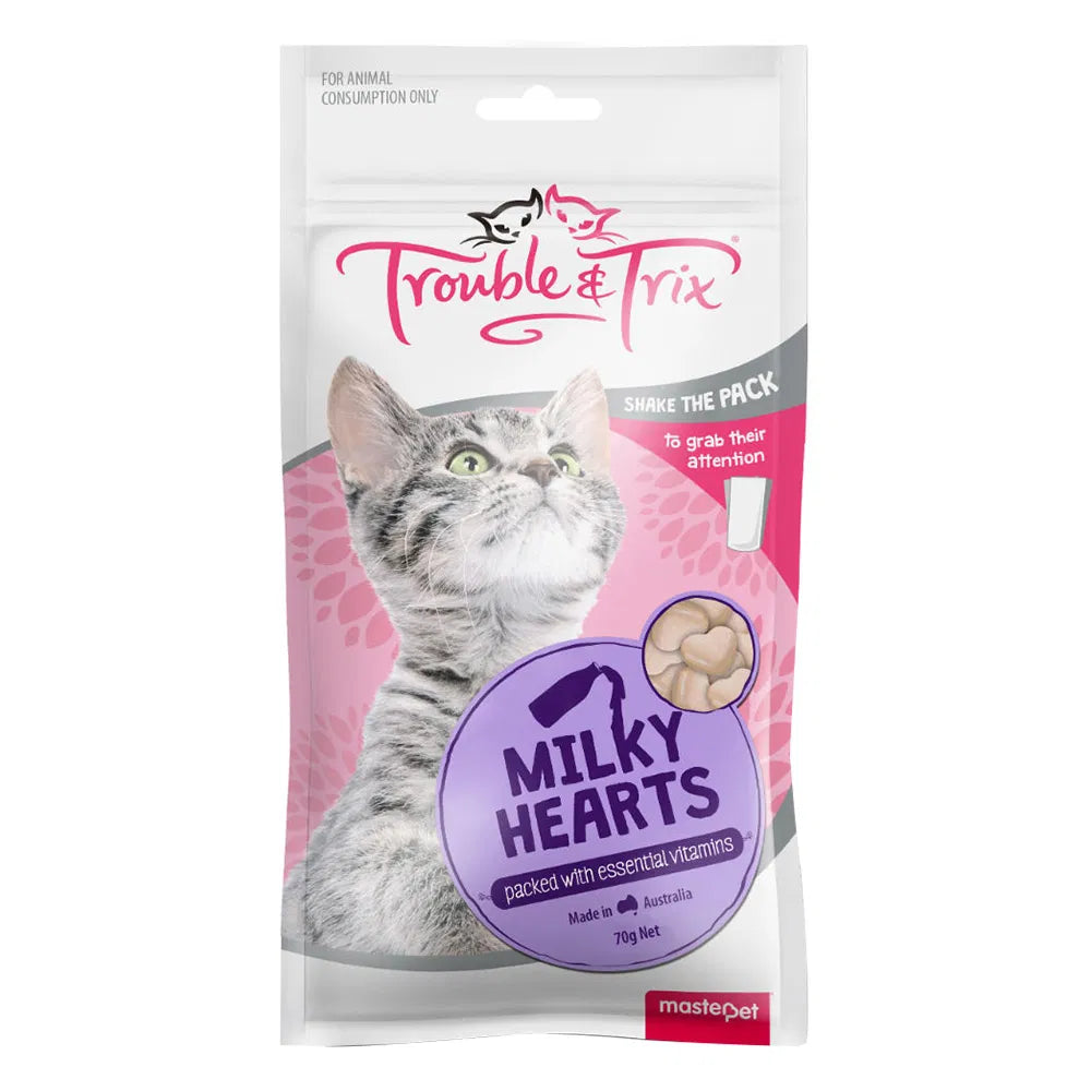 Package of Trouble & Trix Milky Hearts cat treats on a white background at Pet Servo