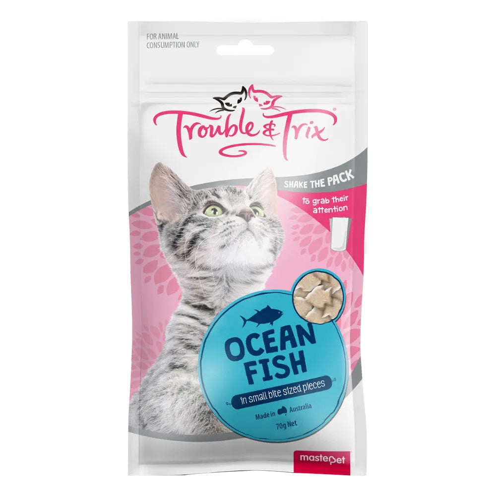 Trouble & Trix cat food package with ocean fish flavor on a white background at Pet Servo