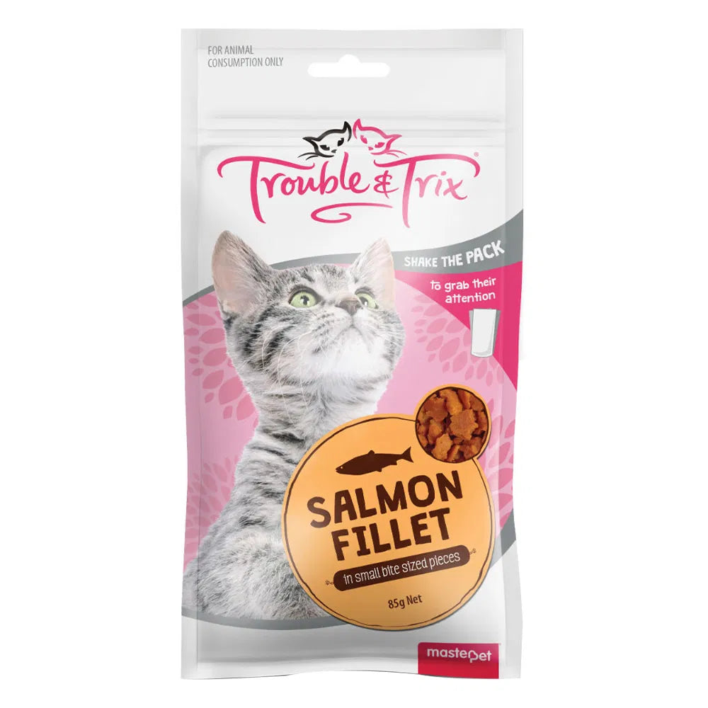 Cat food package with 'Trouble & Trix' branding featuring a cat on a pink background at Pet Servo