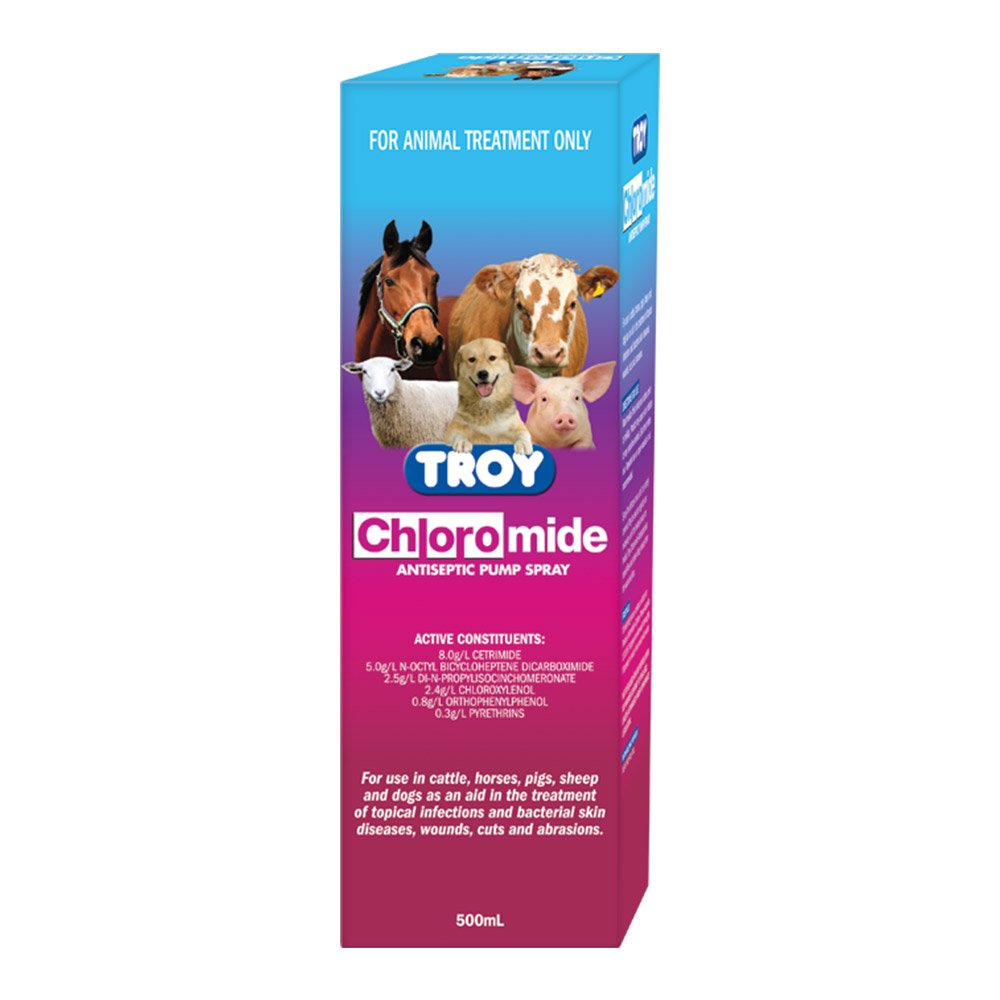 Troy Chloromide antiseptic pump spray box with animal illustrations on a white background at Pet Servo