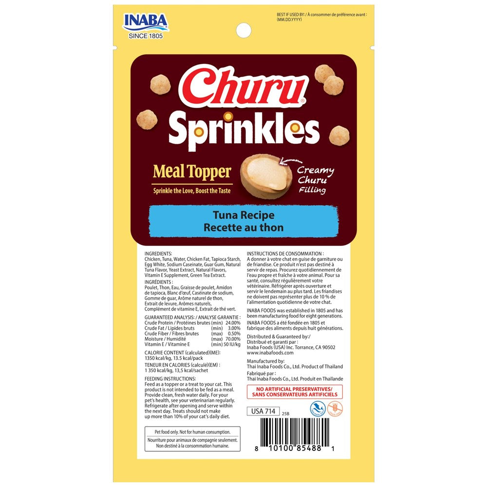 Churu Sprinkles Meal Topper packaging with yellow background and product details.