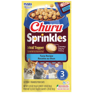 Churu Sprinkles cat treat package with tuna recipe on a white background