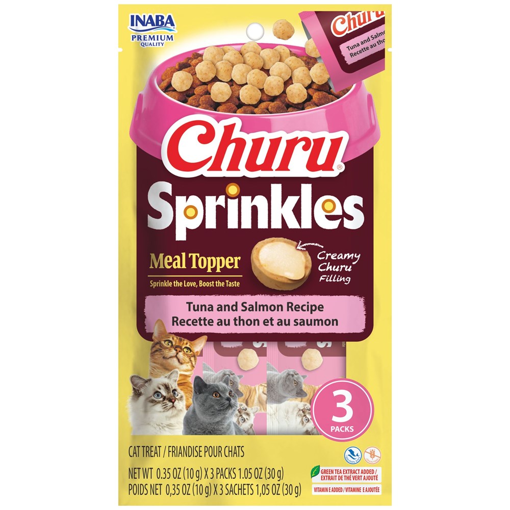 Churu Sprinkles meal topper packaging for cats with images of cats and a bowl of treats.