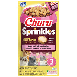 Churu Sprinkles meal topper packaging for cats with images of cats and a bowl of treats.