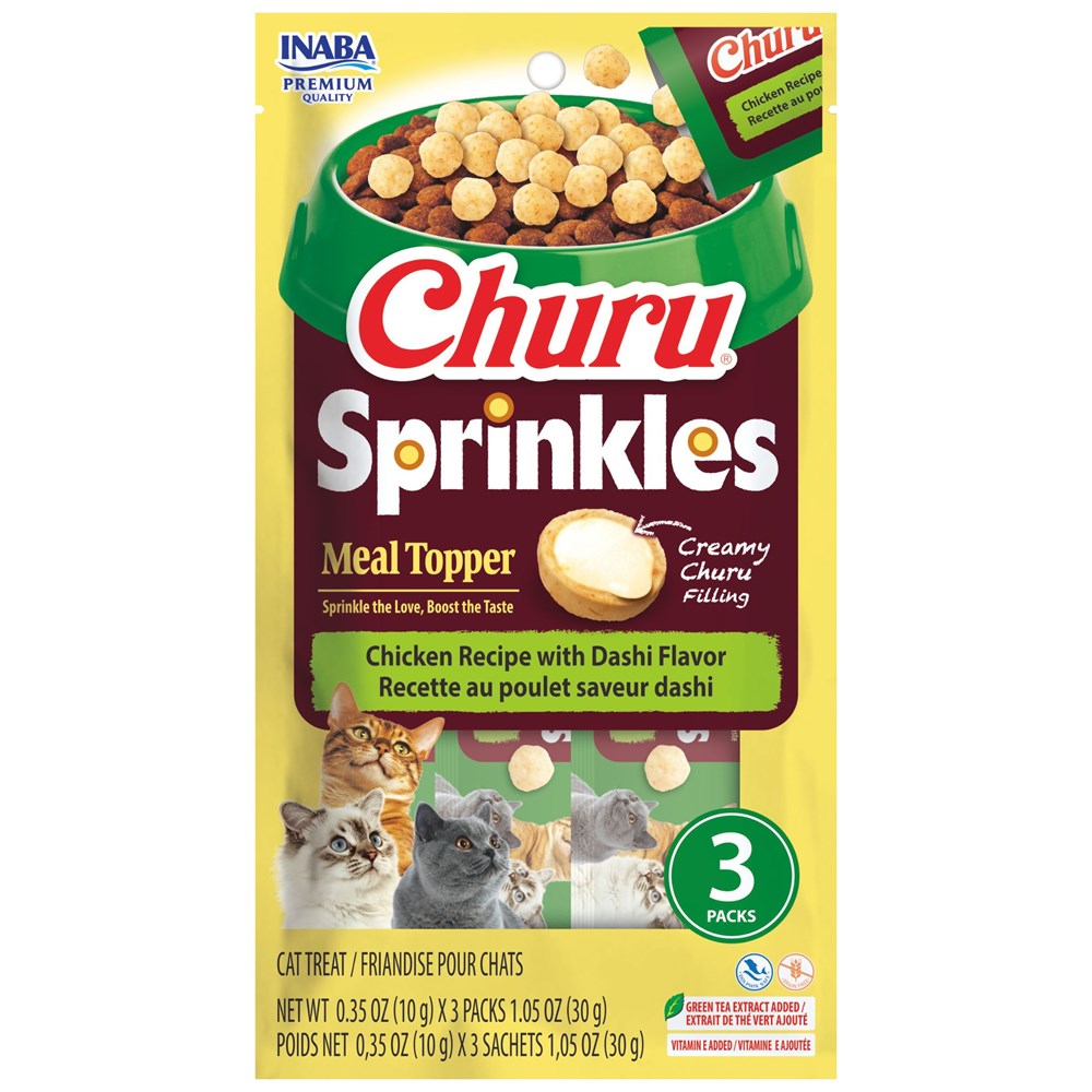Churu Sprinkles cat treat package with images of cats and text on a white background