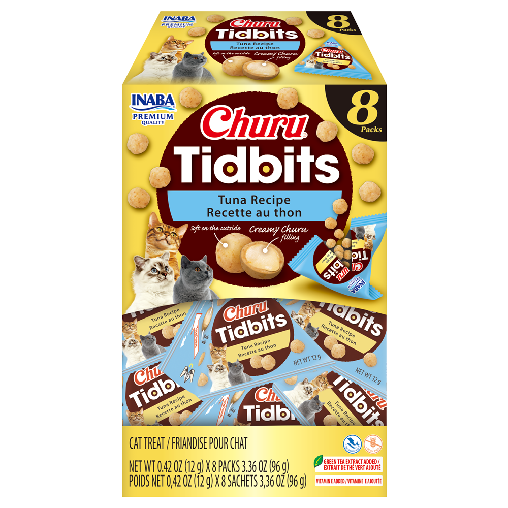 Box of Churu Tidbits tuna recipe cat treats with images of cats on a white background at Pet Servo