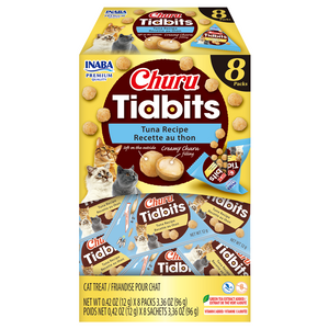 Box of Churu Tidbits tuna recipe cat treats with images of cats on a white background at Pet Servo
