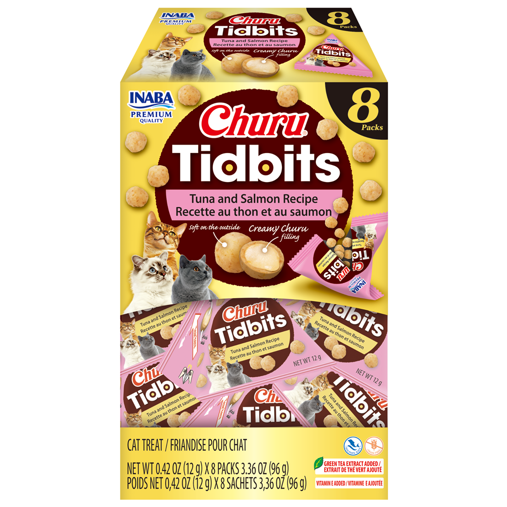 Box of Churu Tidbits cat treats with images of cats on a yellow background at Pet Servo