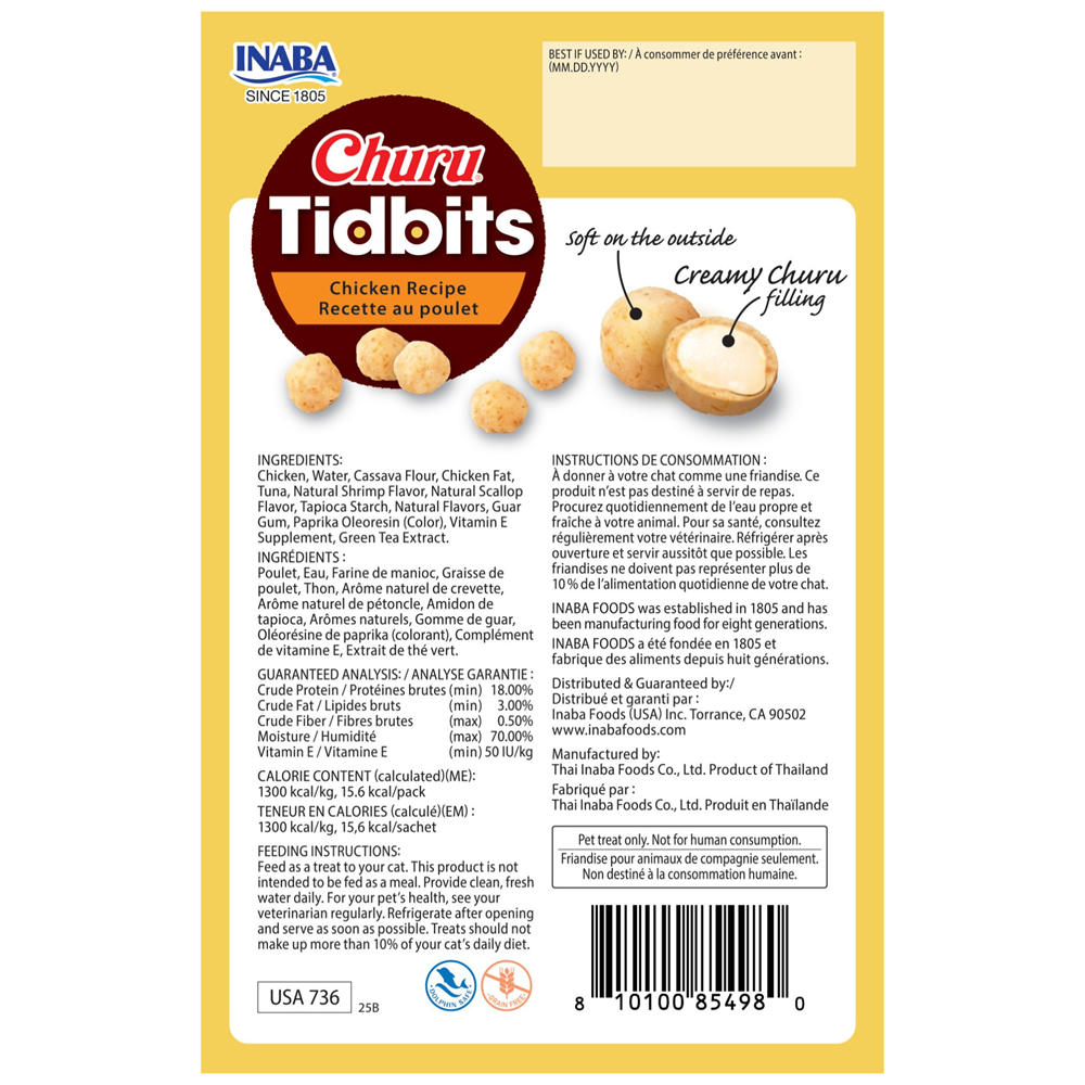 Inaba Churu Tidbits chicken recipe packaging with text and product images.