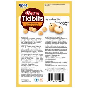 Inaba Churu Tidbits chicken recipe packaging with text and product images.