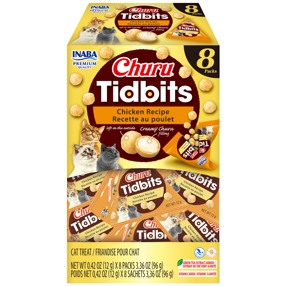 Box of Churu Tidbits Chicken Recipe cat treats with images of cats on a yellow background