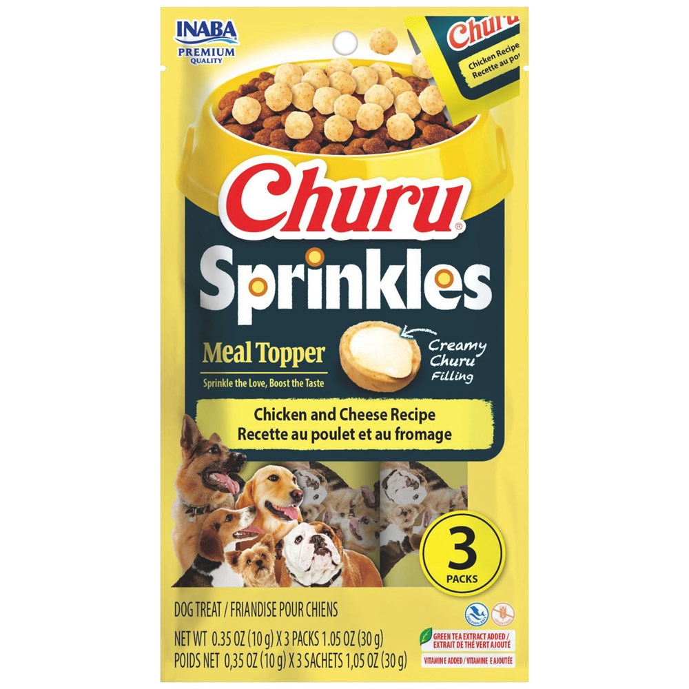 Churu Sprinkles Meal Topper packaging with dogs on a white background