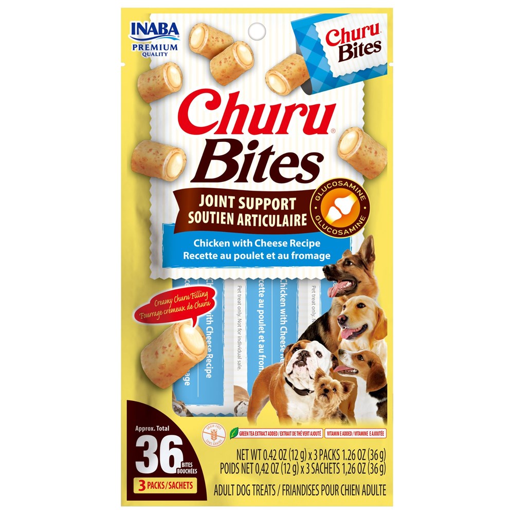 Package of Churu Bites dog treats with images of dogs on a yellow background