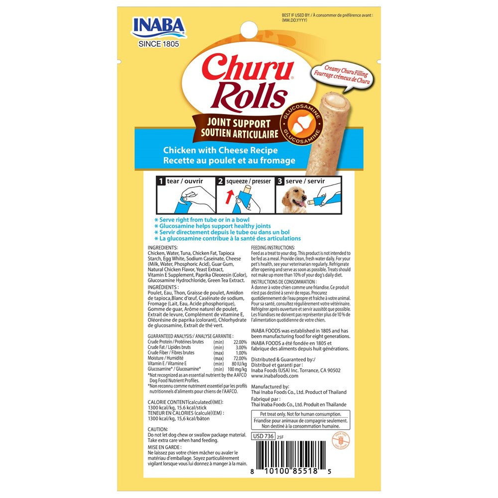 Inaba Churu Rolls joint support treat package with chicken and cheese recipe on a white background
