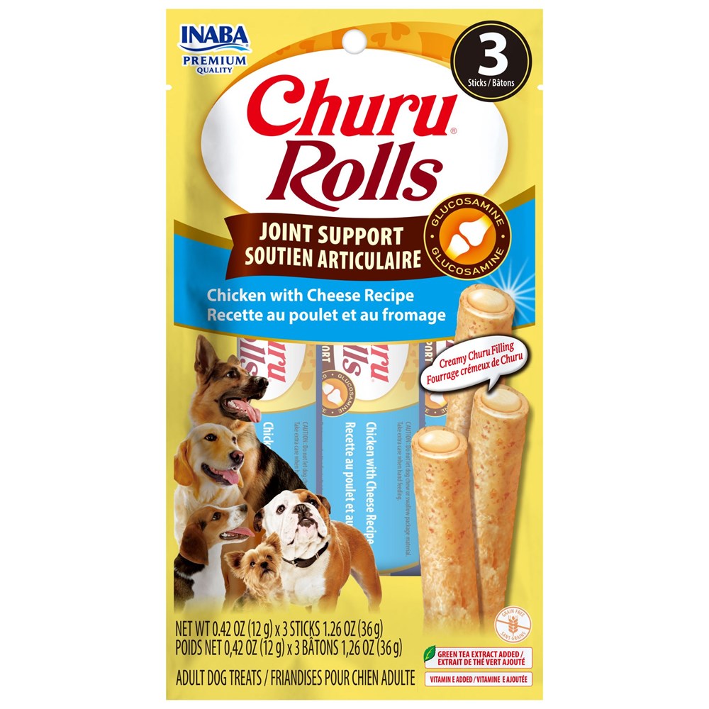 Packaging of Churu Rolls Joint Support for dogs with images of dogs and product details.