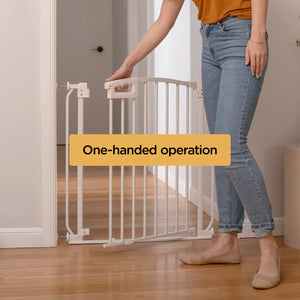 Person using a baby gate with 'One-handed operation' text overlay